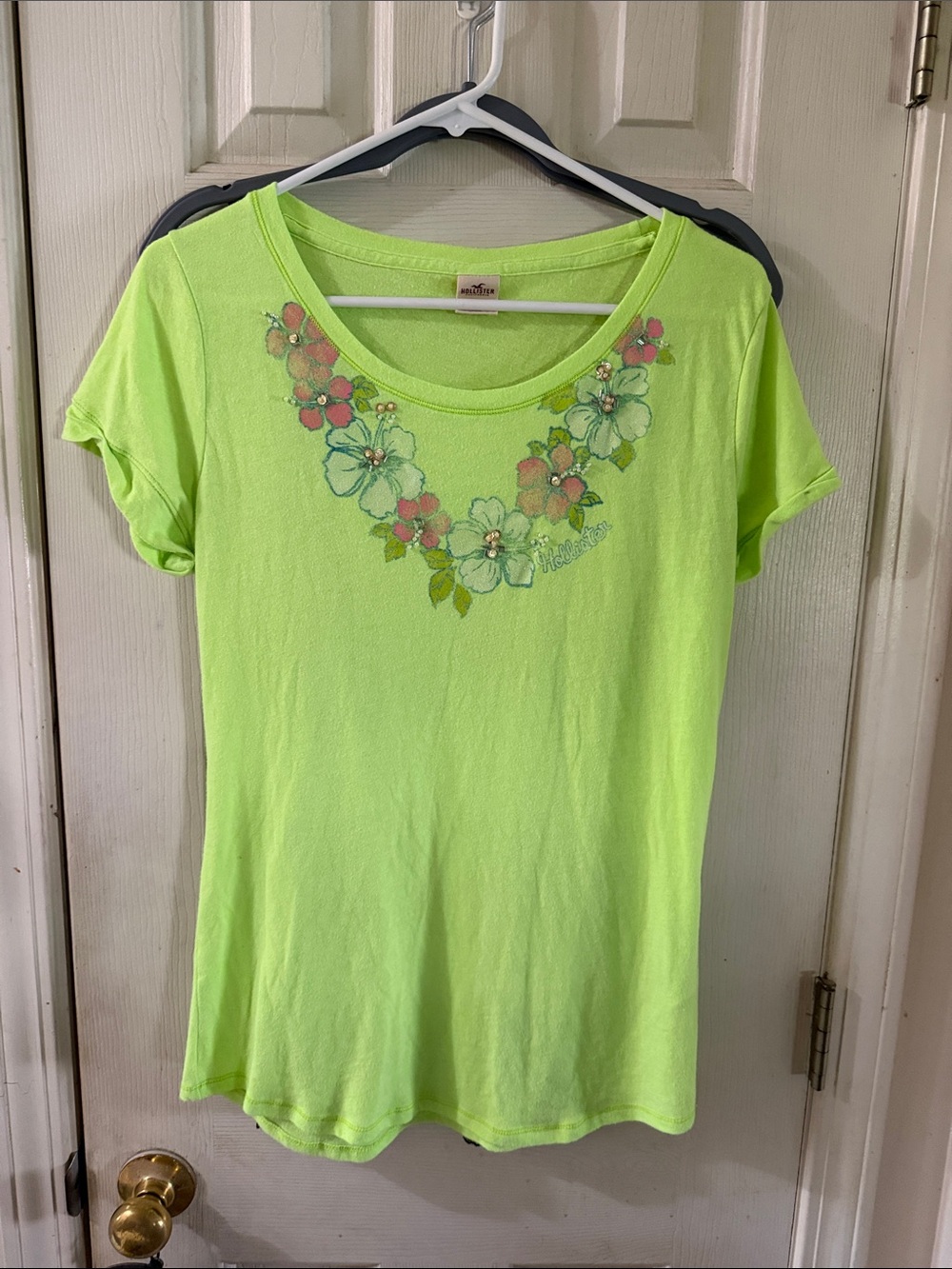 Hollister Neon Lime Floral Scoop Neck Tee